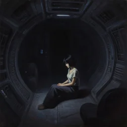 hyperrealism oil painting, complete darkness, lonely woman sitting in light in complete darkness, alien movie high detailed spaceship interior, soft light, in style of classicism mixed with 8 0 s japanese sci - fi books art