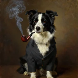 a classic oil painting of a border collie dog wearing a suit and smoking a pipe, dramatic lighting