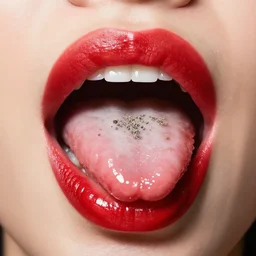 big plump lips with red lipgloss reflecting on the surface. closeup of a devilish long tongue sticking out. very beautiful mouth. the tongue is full of bacteria