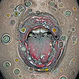 big plump lips with red lipgloss reflecting on the surface. closeup of a devilish long tongue sticking out. very beautiful mouth. the tongue is full of bacteria