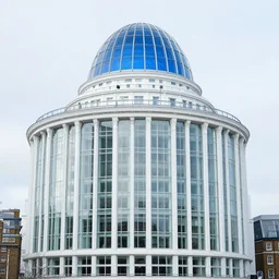 huge white glass hospital in london with blue glass dome on the top, view from river thames, hyperdetailed, artstation, cgsociety, 8 k