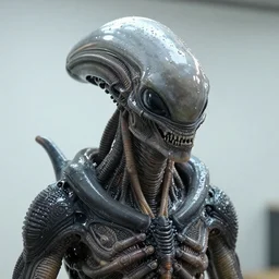 photo taken of an epic intricate, ultra detailed, super realistic gritty, wet, lifelike sculpture of am alien grey creature created by weta workshop, zoomed in shots, sublime subsurface scattering, photorealistic, sharp focus, white wall coloured workshop, cold colour temperture, f 0. 4, face centred, golden ratio, golden hour