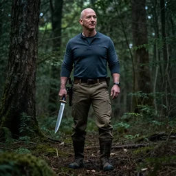 jeff bezos skinwalker hunting you in a dark forest with a knife, fully body, realism