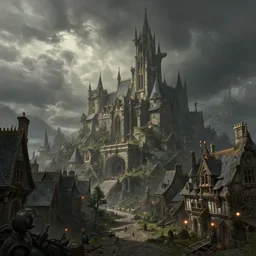 extreme long shot concept art depicted old english majestic town, dramatic mood, overcast mood, dark fantasy environment, dieselpunk, art by legends of runeterra and league of legends and arcane, art by tony sart, trending on artstation, unreal engine, golden ratio, spectacular composition