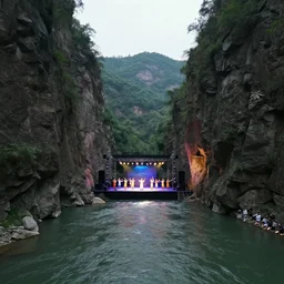 river valley with steep rock walls on each side and a stage in the center over the river with people putting on a performance, high quality digital art, cinematic lighting, 4 k, concept art