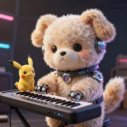 high quality 3 d render very cute fluffy cyborg!! dog! plays synthesizer, cyberpunk highly detailed, unreal engine cinematic smooth, in the style of blade runner & detective pikachu, hannah yata charlie immer, moody light, low angle, uhd 8 k, sharp focus