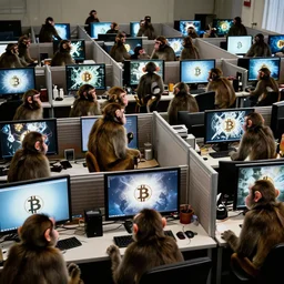 fifty monkeys are staring a individual computer screens in a crowded cubicle - style office, the computer screens have bitcoin logos, in the style of the videogame disco elysium, harsh contrast lighting