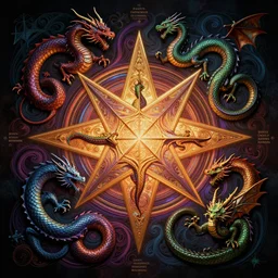a detailed medieval infographic with a 7 - sided star and serpentine dragons in a multitude of sizes and hues, matte painting concept art, beautifully backlit, swirly vibrant color lines, vivid tones, cinematic aesthetic octane render, 8 k hd resolution, by ilya kuvshinov, john howe, darius zawadzki and zdizslaw beksinski