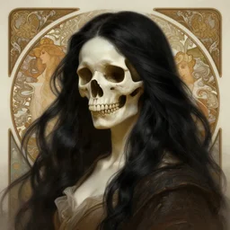 Epic portrait, an female with a skull face, long black hair flow, digital painting, artstation, concept art, soft light, hdri, smooth, sharp focus, illustration, fantasy, intricate, elegant, highly detailed, D&D, matte painting, in the style of Greg Rutkowski and Alphonse Mucha and artemisia, 8k, highly detailed, jurgens, rutkowski, bouguereau, pastoral, rustic, georgic