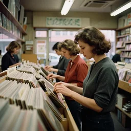photorealistic documentary style cinematography from a 1 9 6 9 national film board of canada film about beautiful ultra photorealistic and detailed toronto women shopping for records in a photorealistic record store shot on eastman 7 2 5 4 1 6 mm film with a cooke panchro 6 5 mm macro lens at magic hour