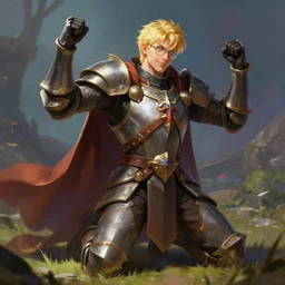 blond knight with glasses kneeling on ground victorious, fantasy, digital painting, dramatic lighting, vibrant setting, realistic shading, unreal engine 5, concept art, ultra detailed, trending artstation