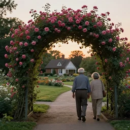 an elderly couple walking from behind under an avenue of roses, in the background a small house surrounded by trees and flowers, sunset, highly detailed, cinematic lighting, perfect composition, 4 k, edward hopper