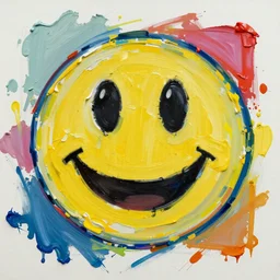 happy face in the style of Jackson Pollack, with lots of stumbling, stumbled thick oil paint and painted in a style of painting similar to Van Gogh but more impasto and less hatching