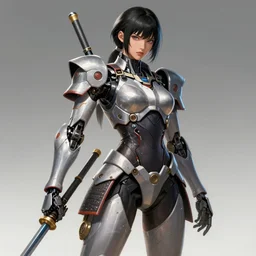 beautiful female robot hybrid mecha samurai battle to the bitter end, frank miller style