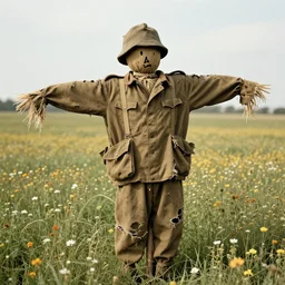 human-like scarecrow wearing torn military clothes in beautiful meadow of flowers, ww1 photo, grainy, high detail, high resolution,