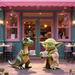 a tiny dinosaur and yoda having coffee in a french cafe, film still from a wes anderson movie, vivid dramatic lighting, color play, symmetry, artistic shot, high quality photograph