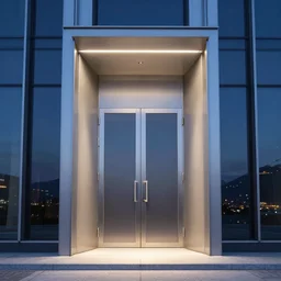 door entrance to a skyscraper at the top of a mountain, night, trending on artstation, digital art, concept art, fish eye lens, cartoon flat style