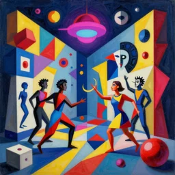 A surreal neon painting of Zaha hadid 3d kandinsky dancers made of cubism futuristic picasso sculptures in 3 point perspective by Joan miro and Vladimir kush and dali and kandinsky, 3d, realistic shading, complimentary colors, vivid neon colors, aesthetically pleasing composition, masterpiece, 4k, 8k, ultra realistic, super realistic,