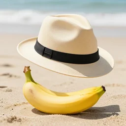 a photo of a banana with a fedora on the beach, hyperdetailed