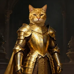 regal golden cat cat wearing gold medieval suit of armor, illustration, concept art, art by wlop, dark, moody, dramatic