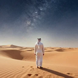 an arab person with his back standing in the desert with sky with stars in watercolor, cinematic, highly detailed wide, atmospheric lighting, muted colors