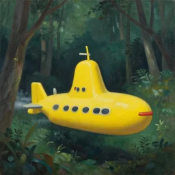 yellow submarine landing in lush forest, muted colors, award wining painting by alina aenami