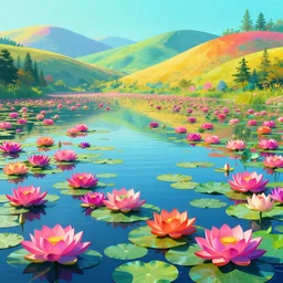 digital illustration of a lake full of multi - colored megaflora lotus flowers by dr. seuss, reimagined by ilm and beeple : 1 | spectral color, electric color, rolling hills : 0. 9 | fantasy : 0. 9 | unreal engine, deviantart, artstation, hd, 8 k resolution : 0. 8