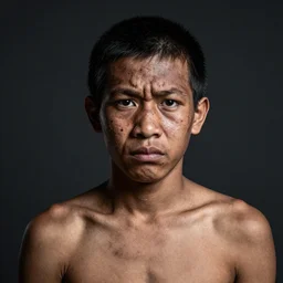 a polinesian shaman, 5 0 yo, annoyed look, skin pores, scars, skin condition, dark background, studio light, hdr, nikon 5 0 mm f / 1. 8 g, by sebastiao salgado