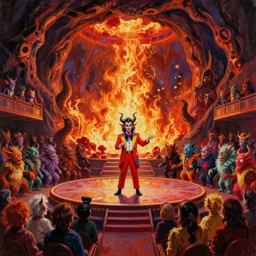 A retro 1980s game show being hosted by a charming-looking horned Satan devil in a colorful red suit at center-stage, in front of a live studio audience of demons and strange creatures in the bleachers, in the middle of a cavernous firey molten landscape of Hell, oil on canvas, painting, cohesive, stylistic, trending on Artstation, 4k, wide shot