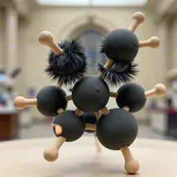 realistic photo of a scientific model of an ugly rough fluffy hairy molecule covered with eyelashes made of black clay with wooden branches, front view 1 9 9 0, life magazine reportage photo, metropolitan museum photo