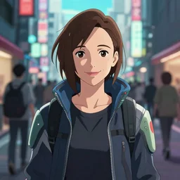 mackenzie foy smiling portrait in cyberpunk clothes, detailed face, in a tokyo street, trending on artstation, by dan mumford, yusuke murata, makoto shinkai, ross tran, cel shaded