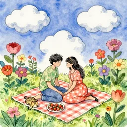 picnic scene in nature, a couple in love, flowers, clouds, a sleeping cat, by moebius, psychedelic fantasy and surrealism, watercolor with pen outlines