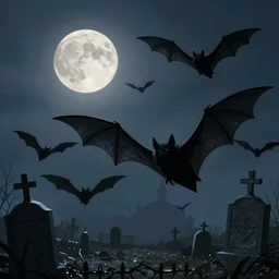 a few large black bats flying in the night, one single full moon, cemetery, fantasy art, concept art by greg rutkowski, trending on artstation