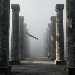 arm reaching out of thick fog, symetrical rows of stone columns, zdzislaw beksinski
