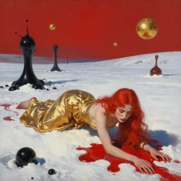 surreal snow landscape, woman in gold dress with red hair crawling in red liquid, black antimatter blobs, floating golden orbs, red sky, concept art, artstation, painting by anato finnstark,