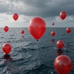 many red balloons swimming in sea, highly detailed, realistic, dramatic,