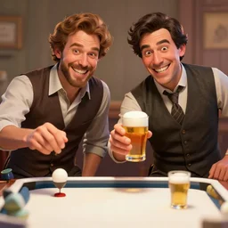 Two members of the temperance movement playing beer pong with silly grins on their faces, epic digital art, artstation, artstationhd, 8k, unreal engine 5, octane render