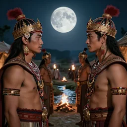 matte close - up portait of tai smart warlords who assemble on a full moon night at the camp in the valley near waterstream, face to face meeting, ethenic costume, traditonal decoration, light from bonfires and torch, digital art trending on artstation, elegant, loin cloth, highly detailed, 8 k, cinematic lighting, global illumination, elegant, ornate, super detailed
