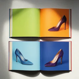 flatlay book collection, vivid colors, dramatic lighting, high - heeled shoes