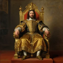 portrait of stable diffusion sitting on a royalty throne, oil painting by rembrandt