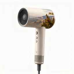 ivory hair dryer, stylized 3d render, isolated on a pure white background, centered, entire object in frame, sharp focus, soft studio lighting