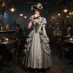 full body portrait photo of reol wearing a elegant pleated steampunk dress, open top, wearing a cute hat, drinking coffee in a ( ( busy ) ) steampunk cafe interior, dim studio lighting, at night, ( ( photograph ) ), moody, realistic, detailed, low light, skin tinted a warm tone, light blue filter, victorian