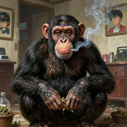 a funny chimpanzee smoking weed in a rundown apartment, digital painting masterpiece, painted by joji morikawa, by osamu tezuka, by yukito kishiro, by ikuto yamashita, 4 k wallpaper, beautiful, gorgeous, intricate detail