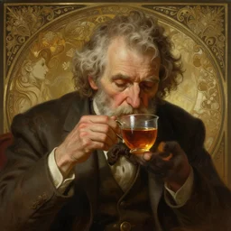 a tired old man drinking tea, deep focus, d & d, fantasy, intricate, elegant, highly detailed, digital painting, artstation, concept art, matte, sharp focus, illustration, hearthstone, art by artgerm and greg rutkowski and alphonse mucha