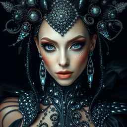 portrait of lady gaga beautiful alien eyes european female model by irakli nadar wearing futuristic magical cyberpunk intricate detailed avant garde dress design by rocky gathercole, haunting, elite, elegant, ruan jia, dark, hyper detailed, concept art, by gustav klimt,