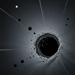 pixel tracing style of particles inside event horizon of black hole, color film grain, ultra realistic