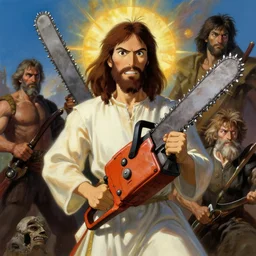 jesus christ holding a chainsaw and looking like a maniac, digital painting, 4 k wallpaper, by hayao miyazaki, kentaro miura, by rembrandt, by moebius, by michelangelo, by frank frazetta, beautiful, holy, gorgeous, biblical