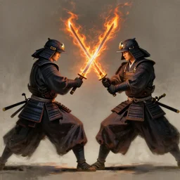 A sword fight where both samurais have flaming katanas, 8k, concept art, elegant, cinematic lighting, detailed painting