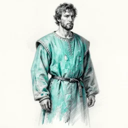 pencil sketch of a male model wearing a baggy teal distressed medieval menswear moto jacket by issey miyake, 4 k, studio lighting, wide angle lens