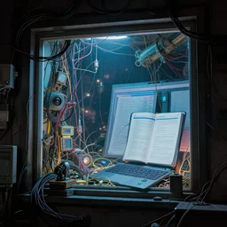 open office, retrofuturism, cluttered, wires everywhere, window, at night, dramatic lighting, alien technology, detailed by simon stalenhag